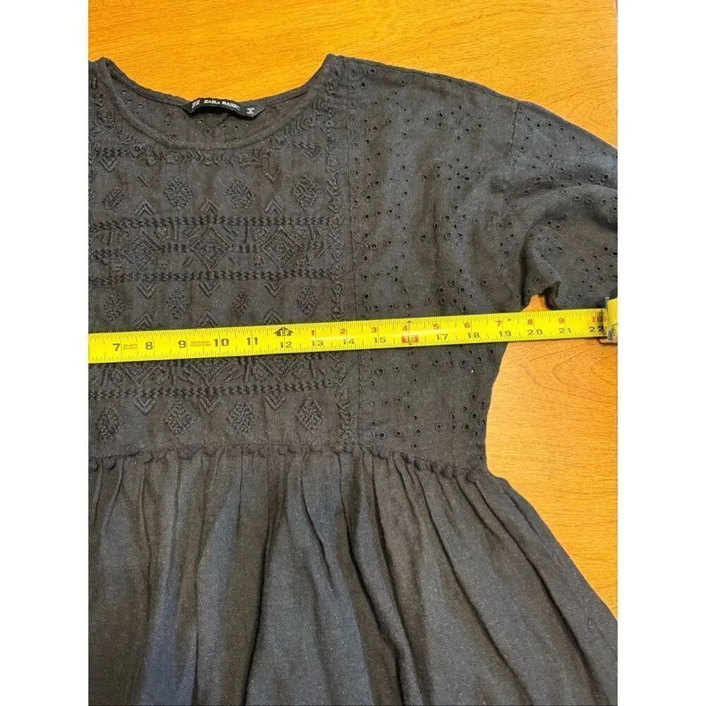 Zara Women's Embroidered Eyelet Long Sleeve Cotton Blend Mini Dress Black XS - Picture 9 of 11